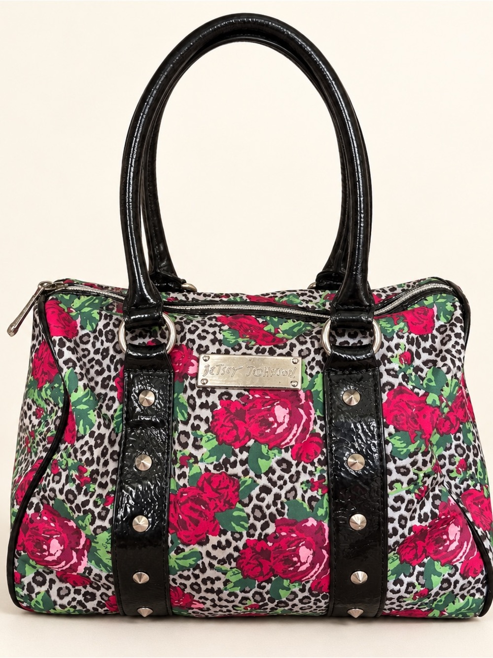 Betsey Johnson Rose Leopard Print Satchel Handbag Studded Black Pink